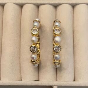 Faux Pearl and CZ Hoop Earrings | 1.5” Diameter